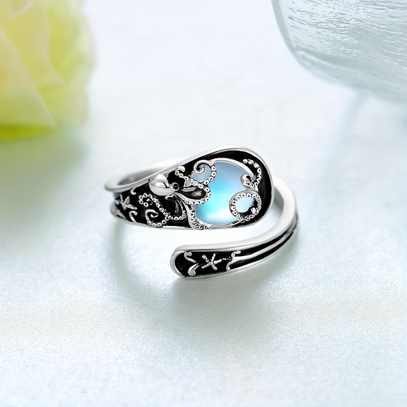 Women's Adjustable Octopus Ring with Moonstone, S925 Silver