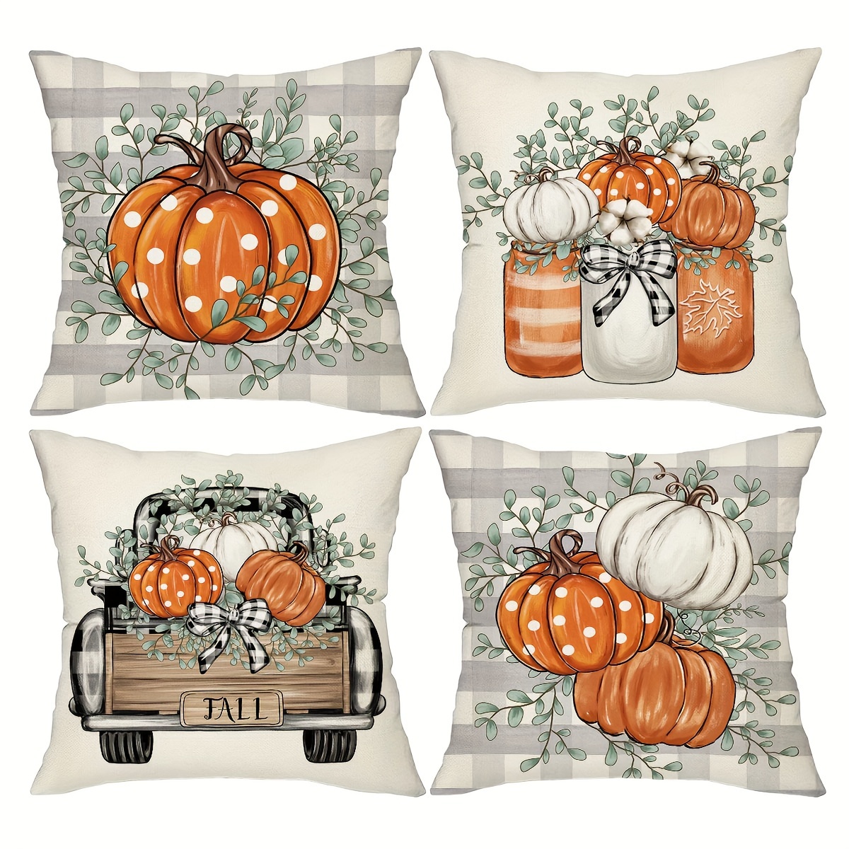 TEMU 4pcs, Fall Pumpkin Throw Pillow Covers, 18in X 18in, Pumpkin And Vase Truck Decorative Cushion Covers, Thanksgiving Decorations For Home, For