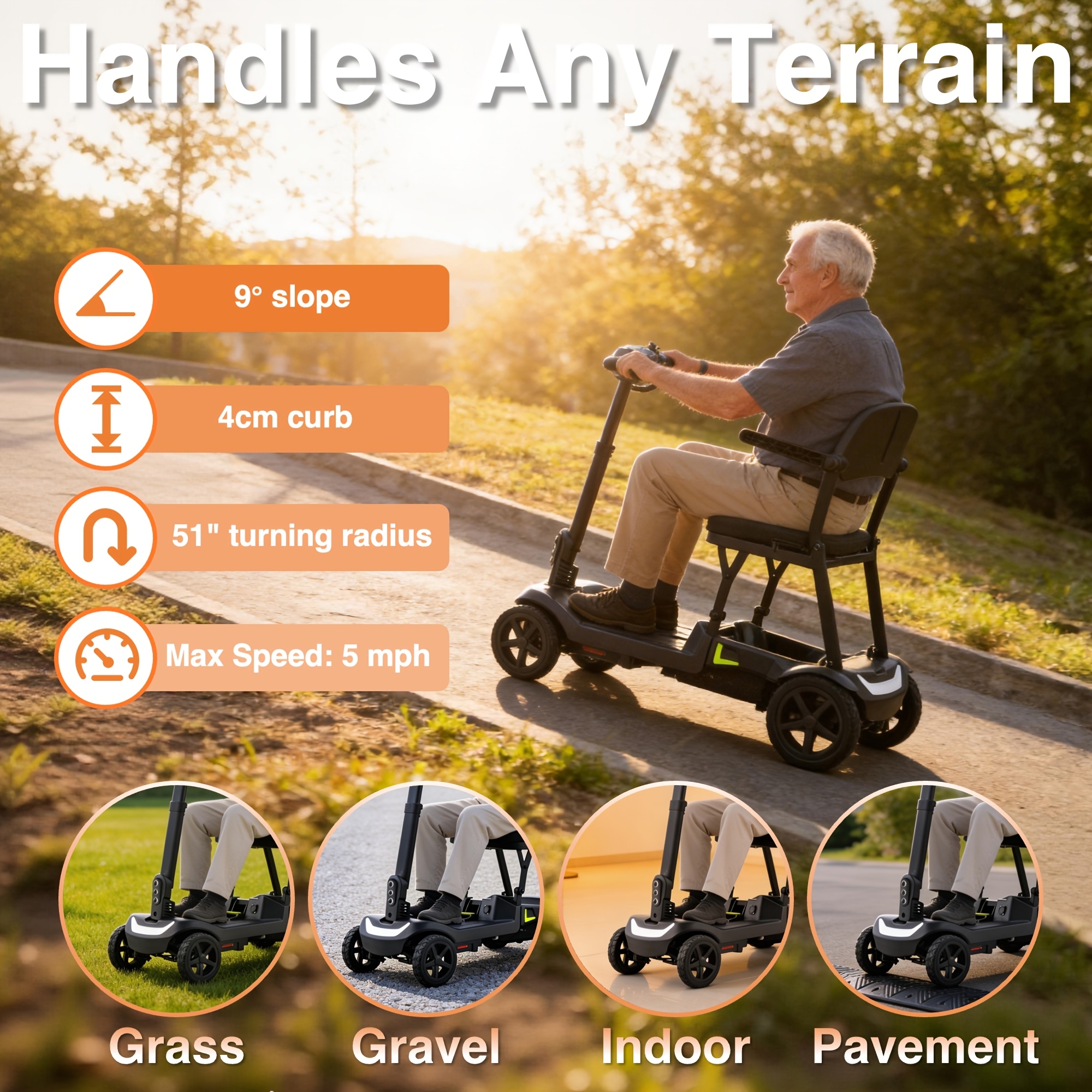 a lightweight, foldable four-wheeled electric mobility scooter suitable for seniors and adults,   with dual removable batteries, meeting air travel  , offering a long range, and a   of 5 mph Product details 4