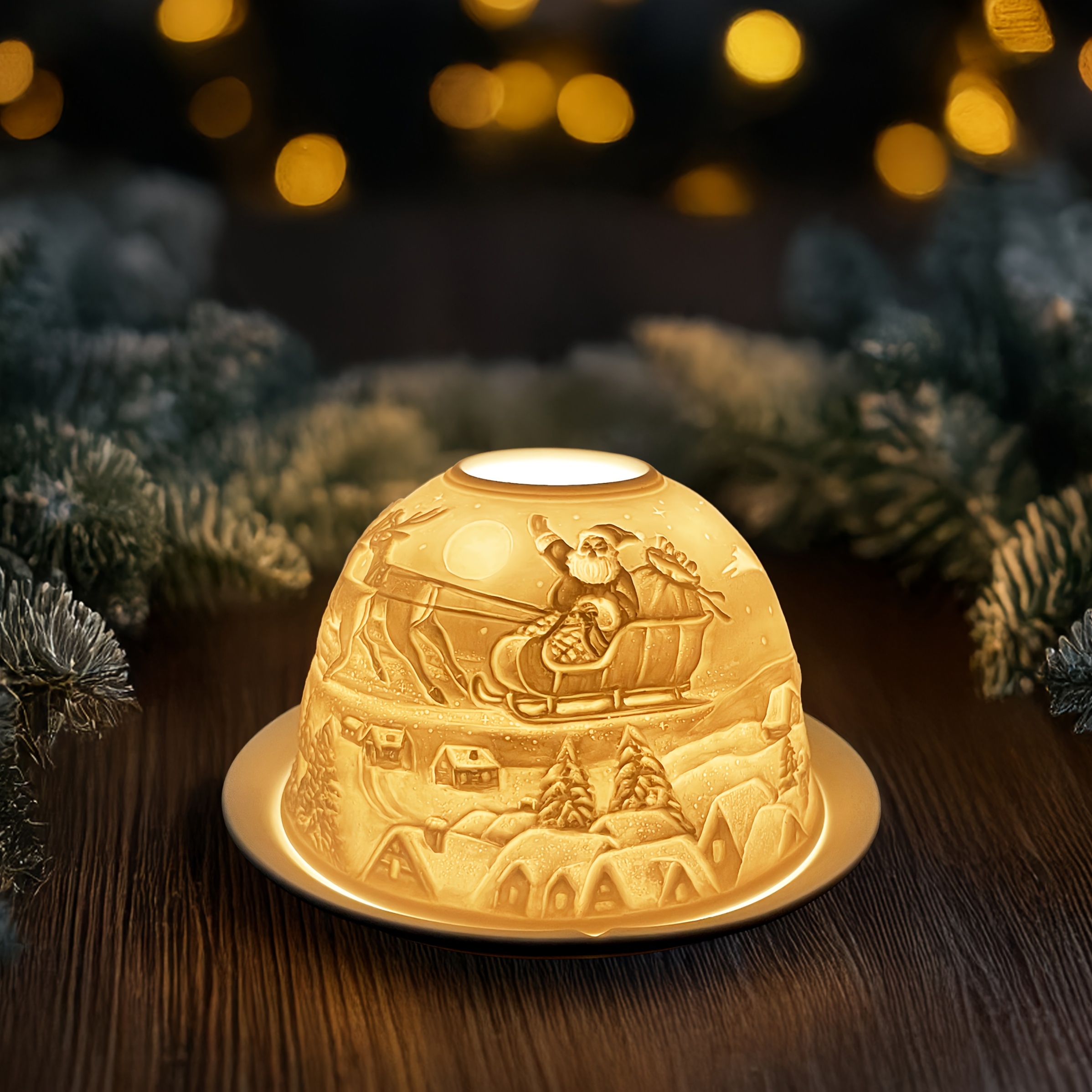 TEMU Support de bougie chauffe-plat de en porcelaine, ensemble abat-jour et assiette, motif Père Noël sur un traîneau de , de , un bougeoir projetant