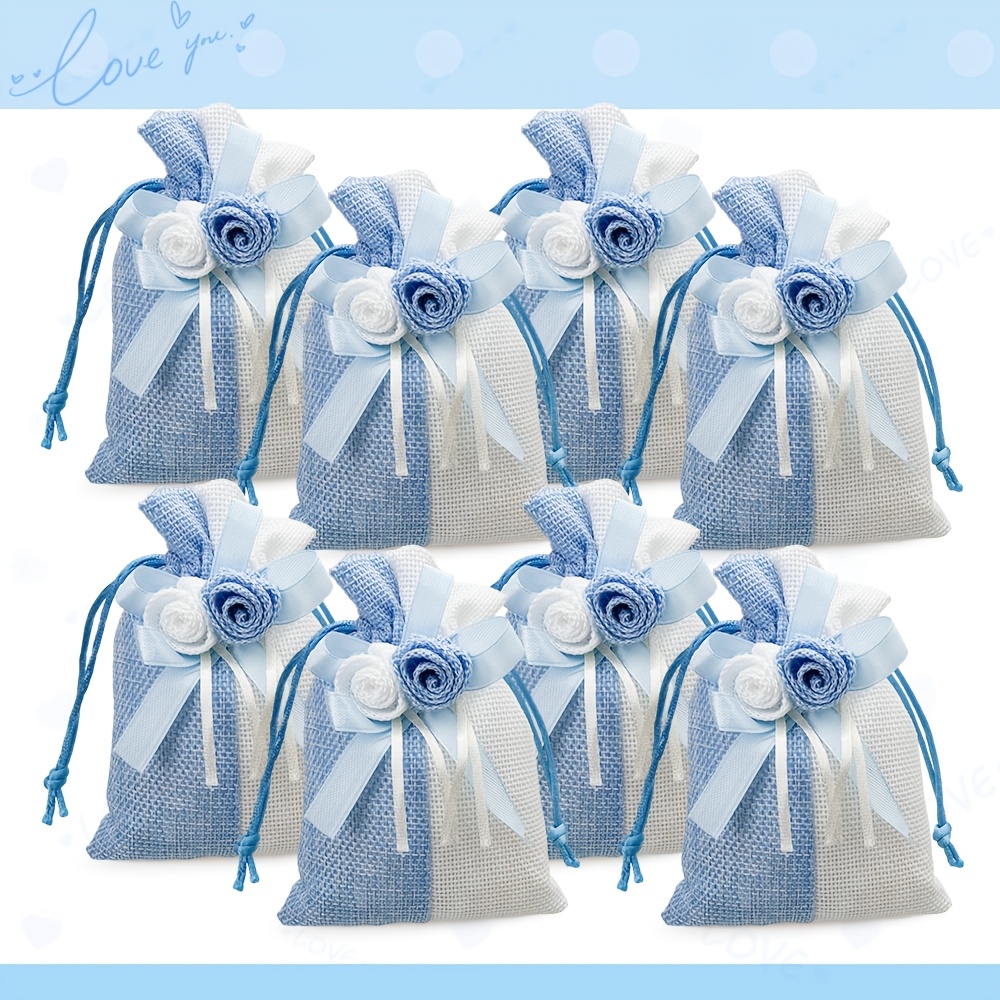 10pcs Blue and Pink Drawstring Gift Bags with Floral Design