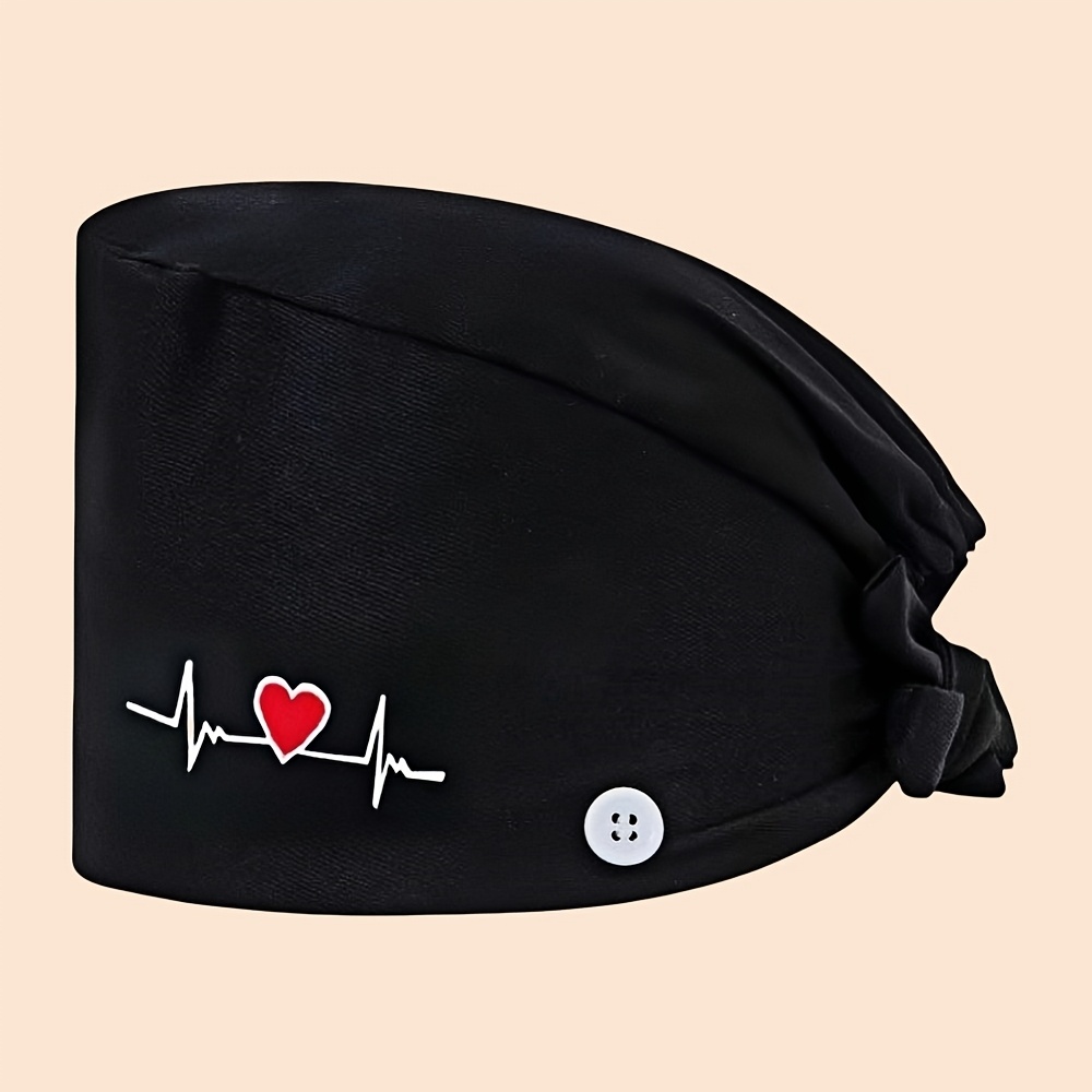 TEMU Unisex Nurse With Heart & Ecg Design - Adjustable Drawstring, Lightweight, Scrub Hat For Doctors & Nurses, Blue, Pink, Green, White, Black