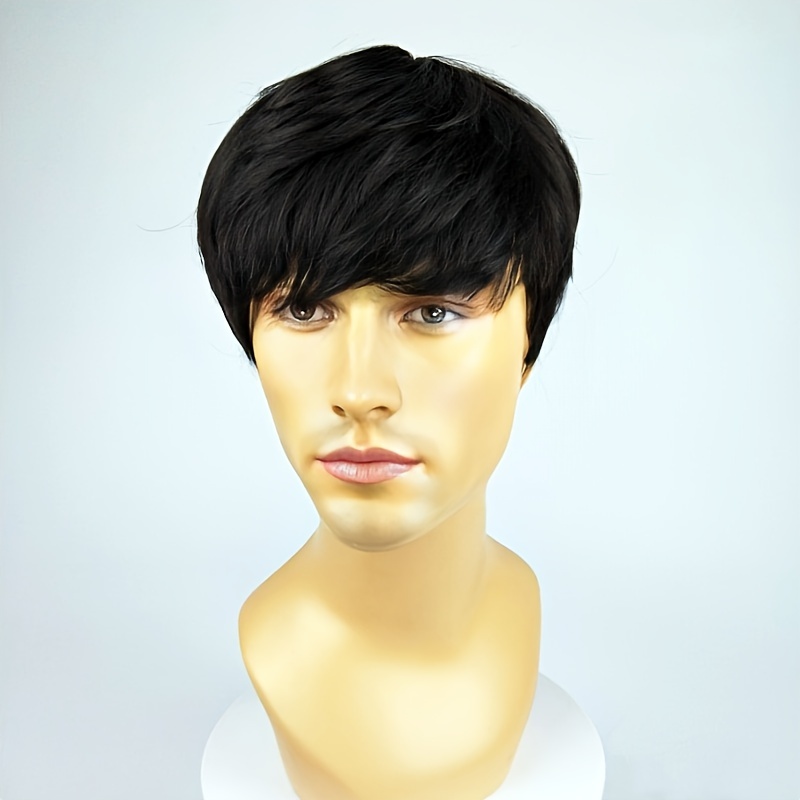 Mens Black Short Fluffy Wig With Side Bangs Heat Resistant Funky 