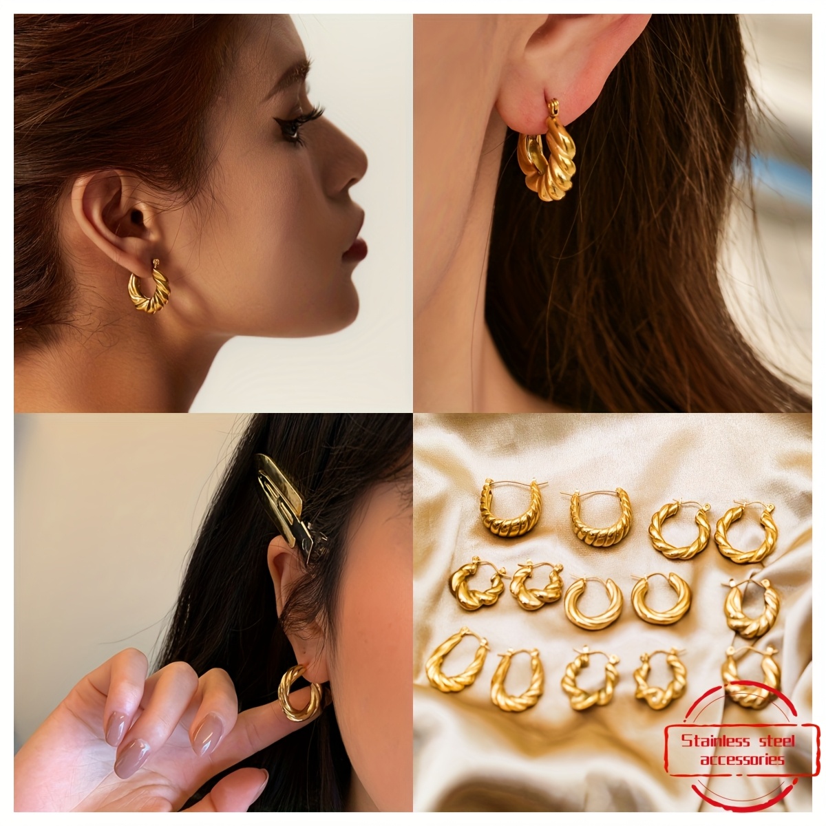 Women's Twisted Design Stainless Steel Hoop Earrings, Elegant