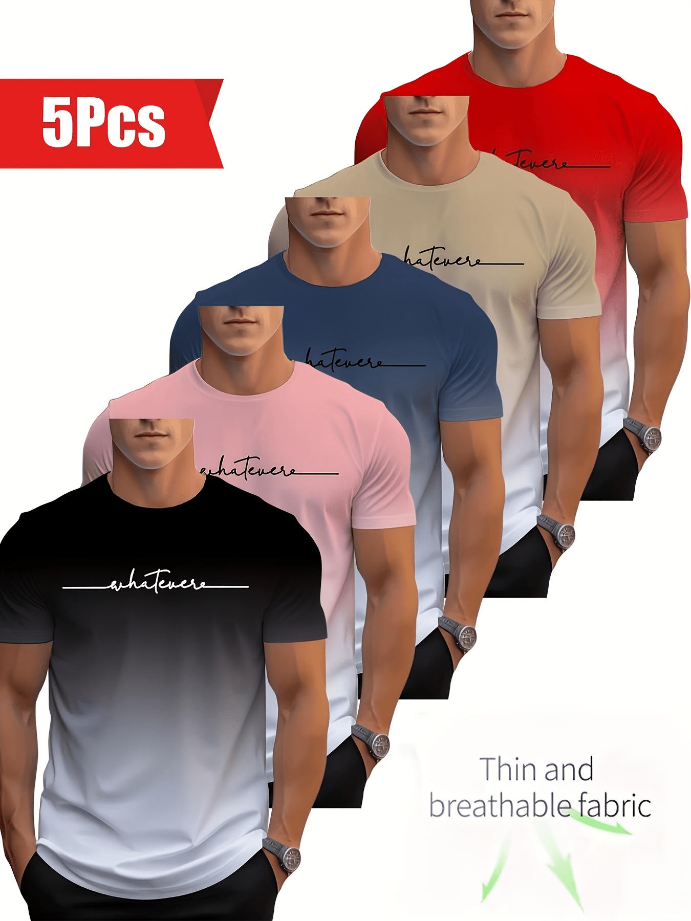 Men'S 5pcs Set Of Colored Gradient T-shirts, Novelty T-shirts, Casual Sports, Breathable And Skin-friendly, Sweat-absorbing And Moisture-wicking, Recommended For Daily Wear And Going Out, Summer Hot-selling Items