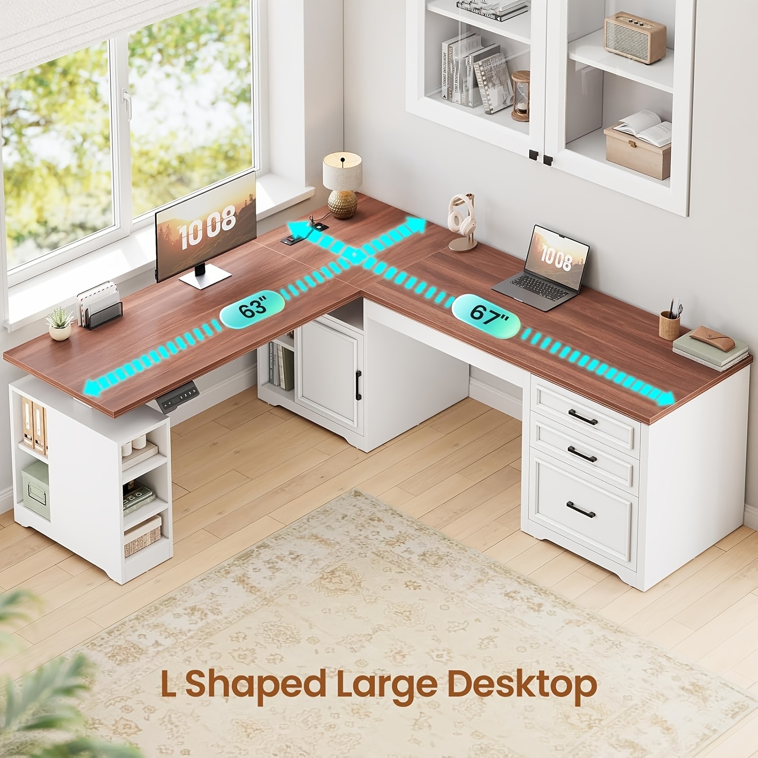 farmhouse l shaped electric standing desk 63 x 67 height adjustable metal 3 drawers and shelves freestanding plug powered Product details 2