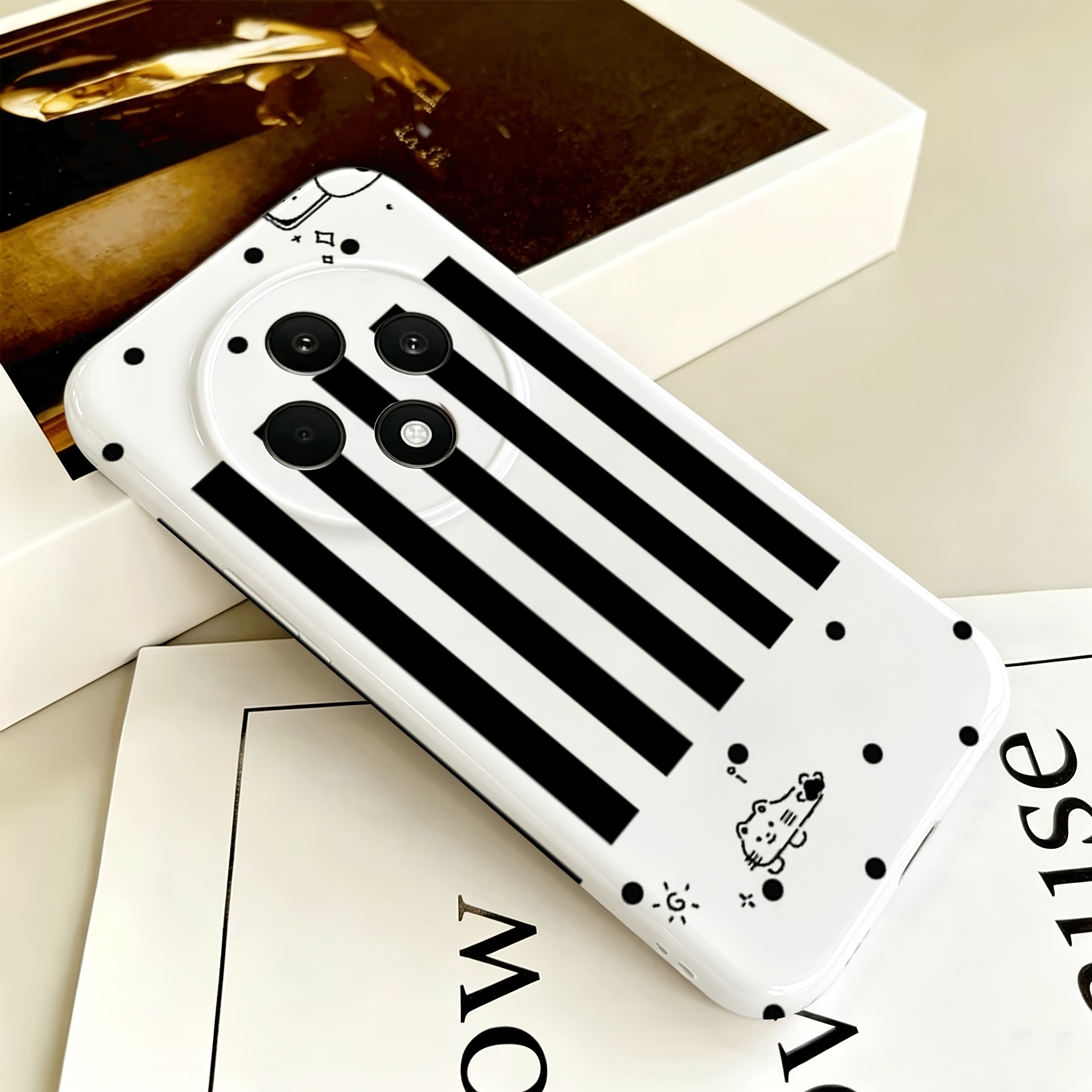 item picture phone case black and white vertical stripes with polka dots and cartoon kitten suitable for oppo a32 oppo a3x oppo reno8 pro oppo reno9   full coverage case with   opening
