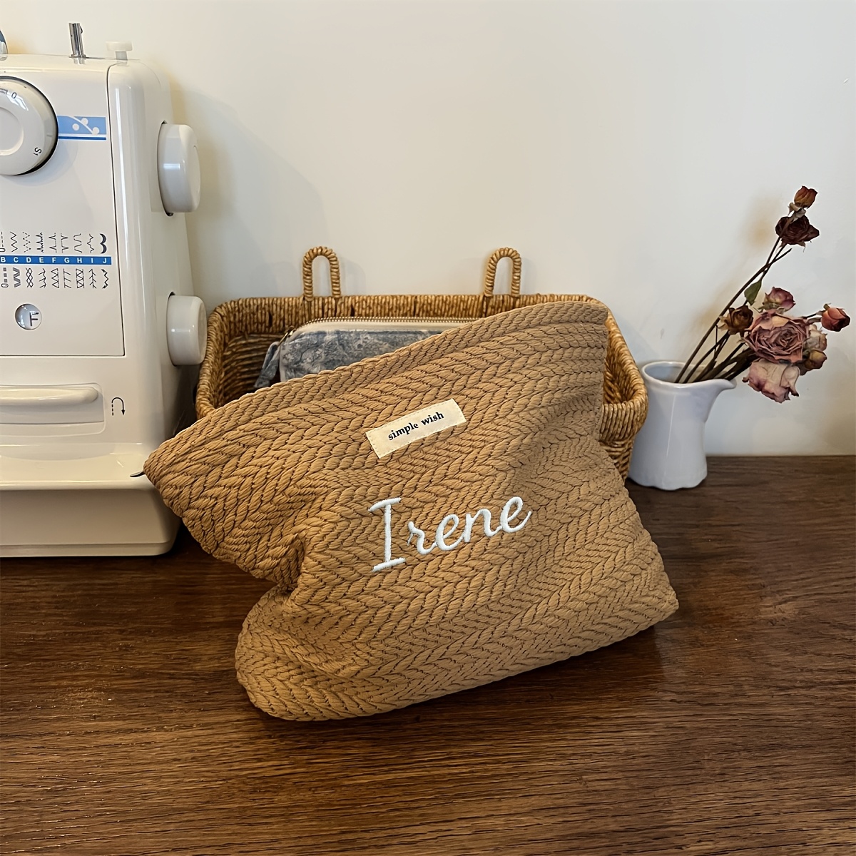 TEMU パーソナライズ刺繍 小麦模様織りハンドバッグ トでシンプルなデザイン 女性向け 旅行用トイレタリーバッグ 化粧品 生理用品 便利な普段使いのとして使用可能