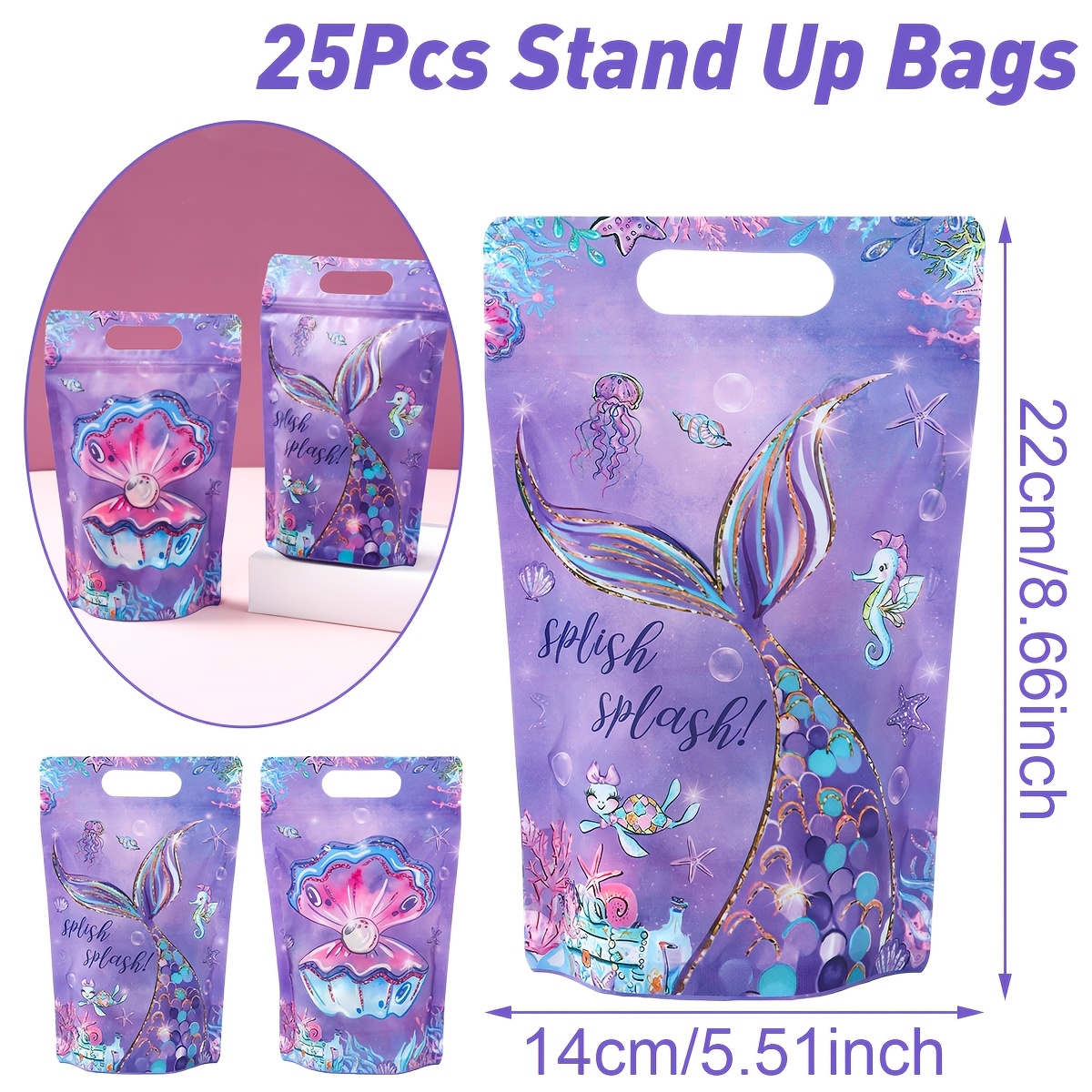 E-shop 25 Stück, Geschenkverpackungsbeutel mit Meerjungfrau-Motiv, Aufrechte Beutel mit Meerjungfrauen-Schwanz- und Muschelmuster, Happy Birthday Party