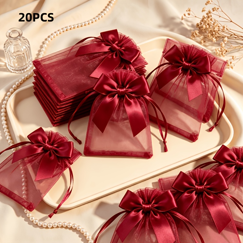 TEMU 20pcs Burgundy Mesh Drawstring Gift Bags, Burgundy Mesh Pouches With Large Satin Bow, Elegant Jewelry Packaging, Suitable For Wedding Favors,
