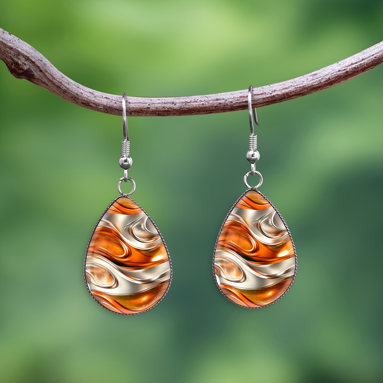 TEMU 1 Paire de Boucles d'Oreilles en Acier Inoxydable 316 avec Verre Convexe et Motif Fluide Doré, Style Bohème Adapté aux Bijoux de Cadeau pour