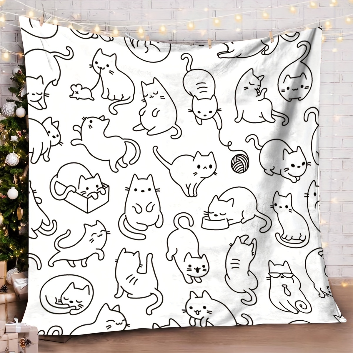 

1pc Cute Cat Doodle Sketch Soft Fleece Blanket, Cozy Flannel Throw Blanket For Friends Gift, Rustic Cabin Style