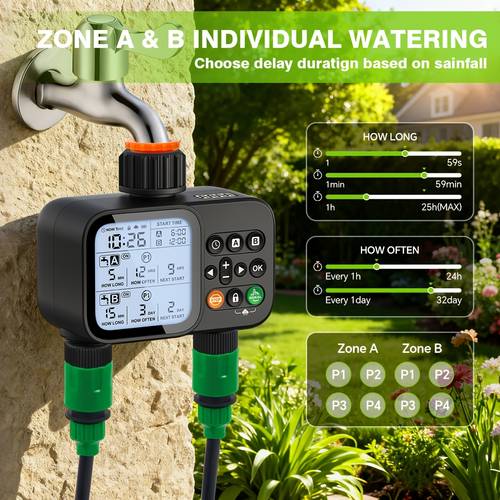 hose timer 2 zone sprinkler timer with rain delay manual watering automatic irrigation functions 8 independent programmable settings suitable for lawns garden sprinklers interface high quality construction essential
