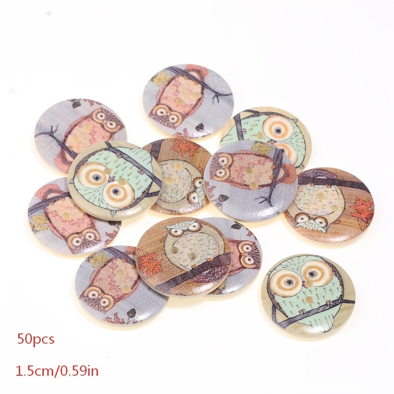 TEMU 50 Assorted Owl Pattern Wooden Buttons With Double Holes, Diy Bracelets, Necklaces, Earrings, Craft Making, , And Handmade Accessories