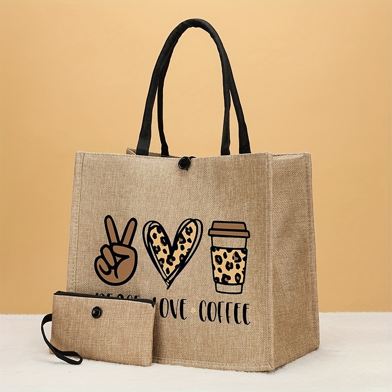 

2 Pcs Leopard Heart Letter Patterned Tote Bag Set, Burlap Shoulder Bag For Travel, Vacation, Portable Shopping Bag