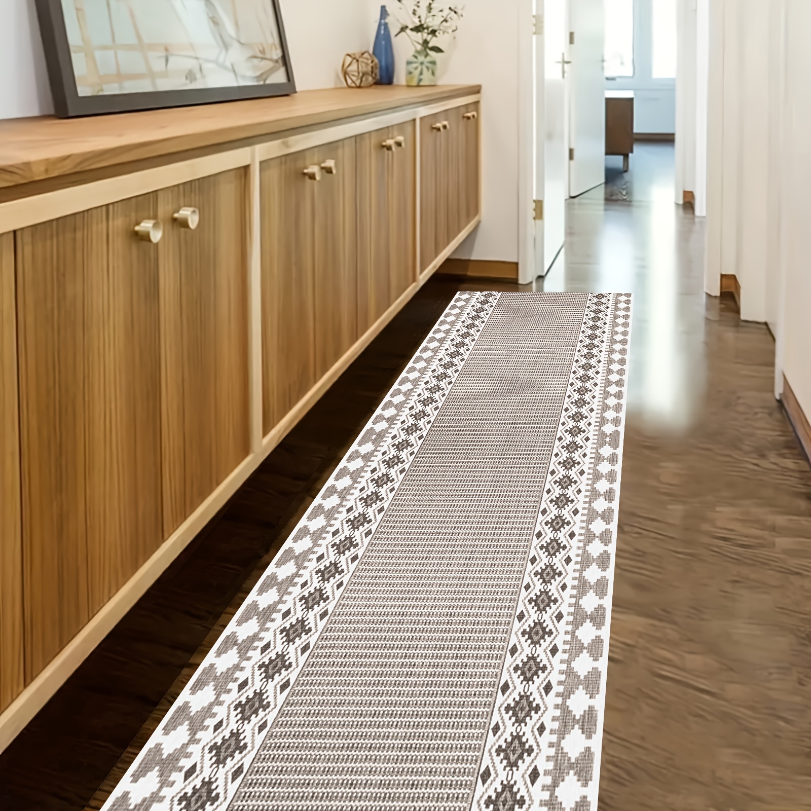TEMU 1pc Absorbent Non-slip Long Runner Rug, Running Mat, Washable And Foldable, Non-slip Backing, Fiber, Long Strip Mat Nordic Carpet, Suitable For