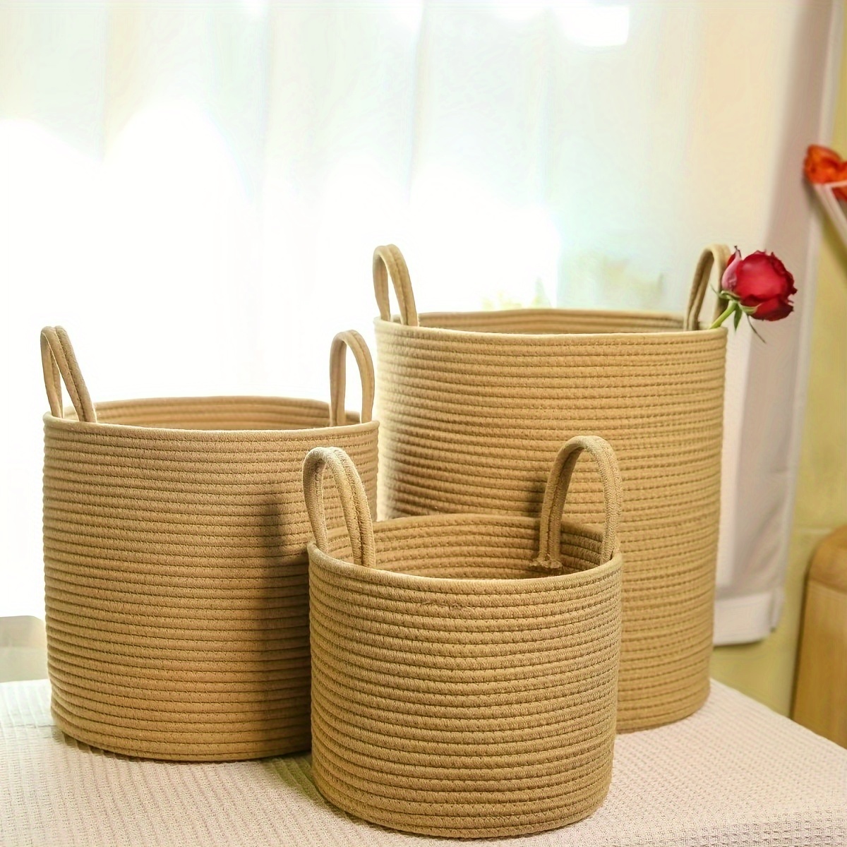 rustic cotton rope woven laundry basket large capacity   home clothes storage organizer round shape no lining with handles for laundry room laundry baskets details 1