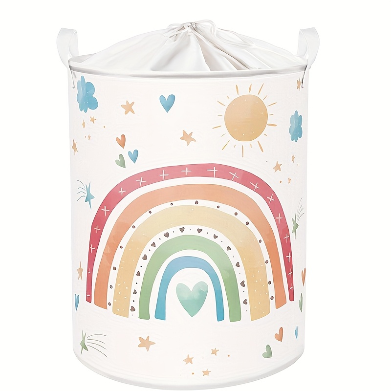 Large Capacity Cloud & Rainbow Drawstring Laundry Basket With Handles, Foldable, For Clothes & Blanket Storage, Ideal For Bedroom, Bathroom & Playroom, Laundry Hampers