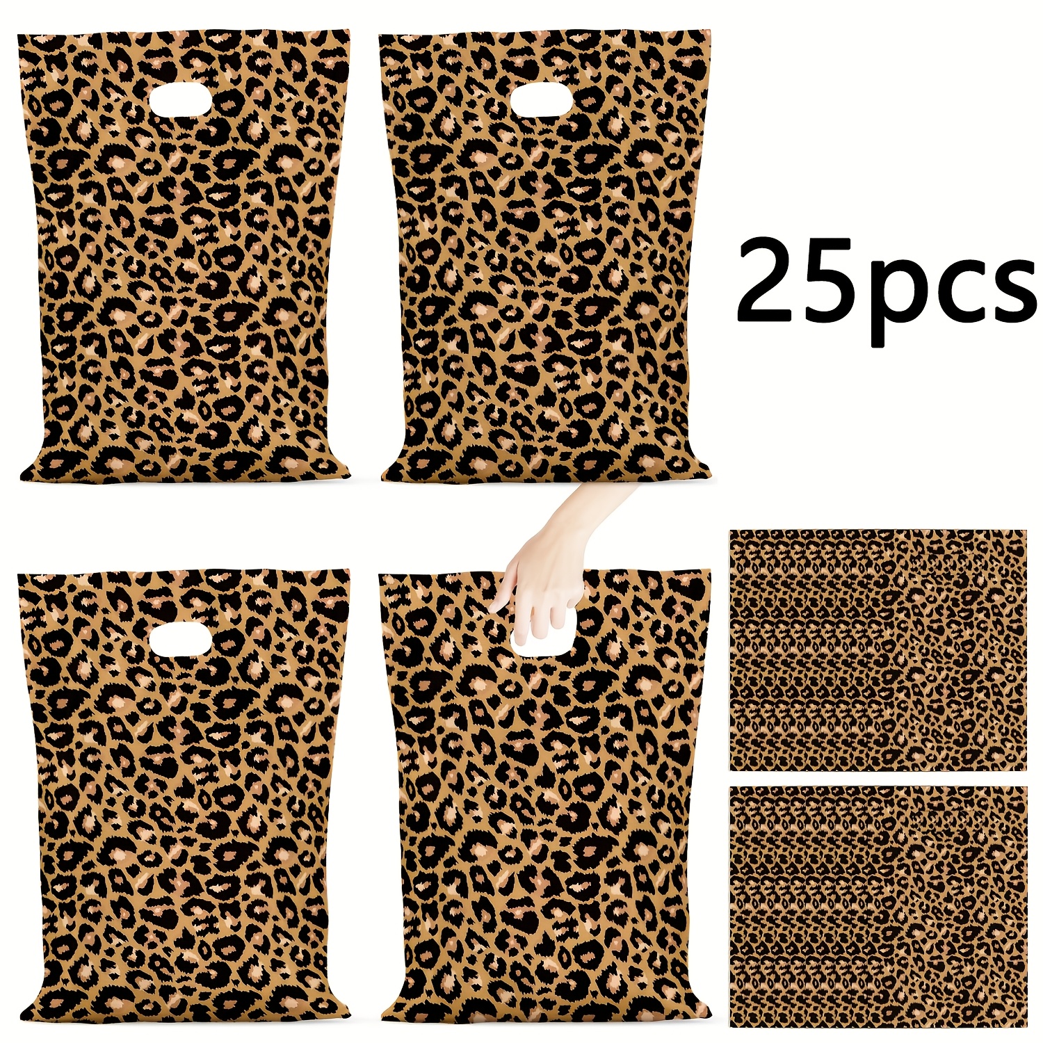 Image of Gift For Her/him 25pcs Pack Of Leopard Print Treat Bags With Die-cut Animal Print Handle Suitable For Birthday Parties, Themed Events, Candy & Goodie Bags - Plastic Gift Bags For,, Party Supplies