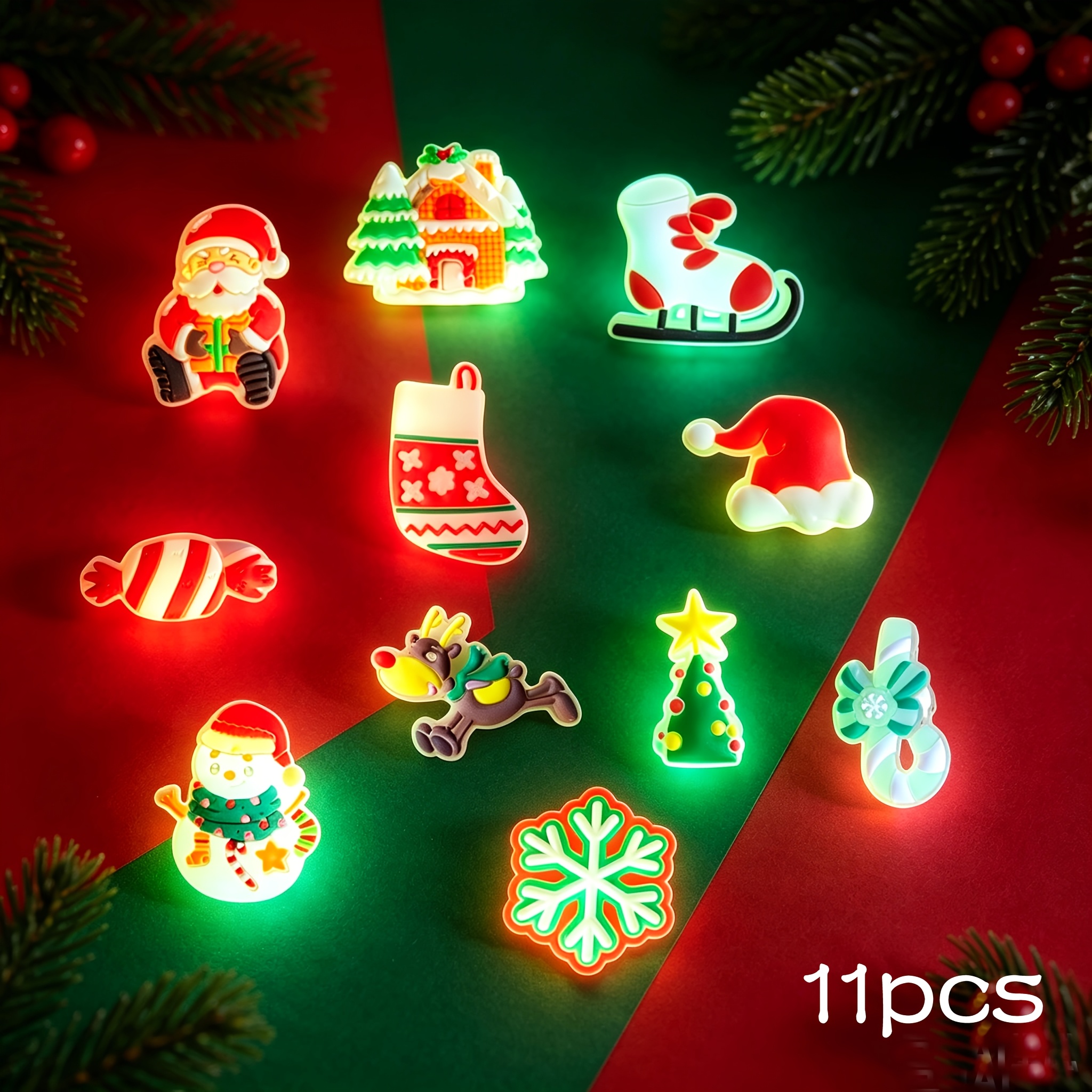 TEMU 11 pièces de breloques de chaussures en PVC phosphorescentes pour Noël - Père Noël et décorations lumineuses amovibles, activées par UV pour