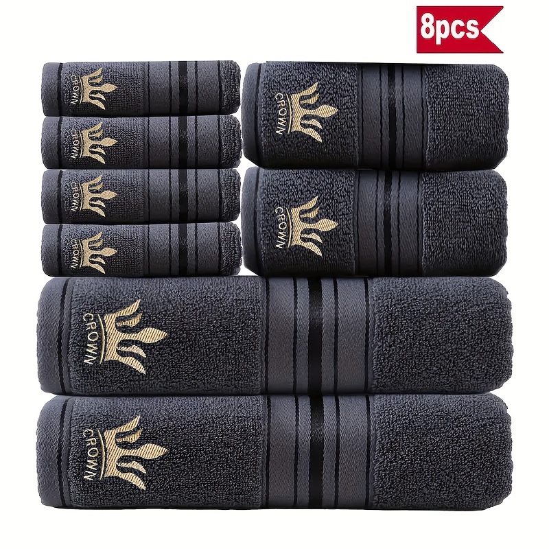 Image of 8pcs High-quality Bath Towel Set, Including 2 Bath Towels, 2 Hand Towels, 4 Wash Towels, -friendly Absorbent, Very Suitable For Bathrooms, Hotels, Crown Embroidery