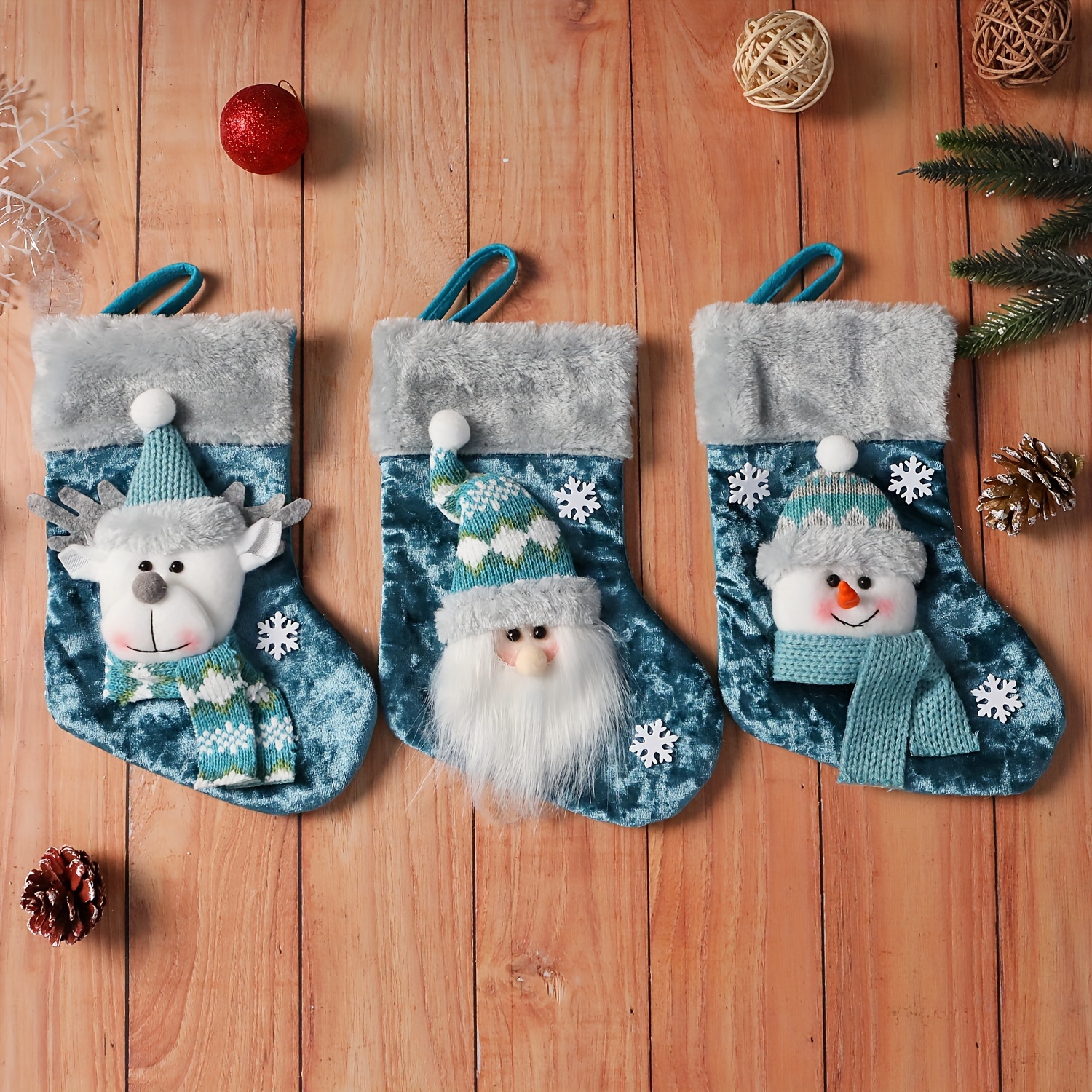 

3- Christmas Stockings With Santa, Reindeer & Snowman Designs - Polyester Holiday Decorations For Home, Party & Fireplace Decor - Christmas & Universal Holidays Non-feathered