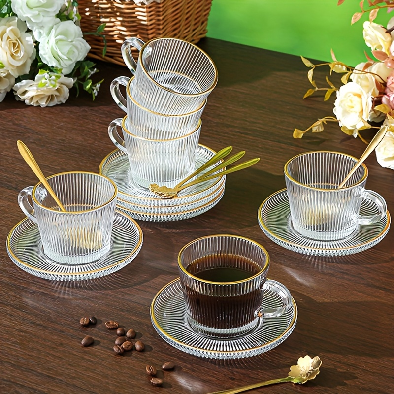 Image of European Luxury Glass Mug Set With - Includes 6 Mugs, 6 Saucers, And 6 Spoons - Household Water Cups, Flower Tea Cups, Vintage Vertical Stripe Café Afternoon Tea Set With Handled Mugs And Saucers