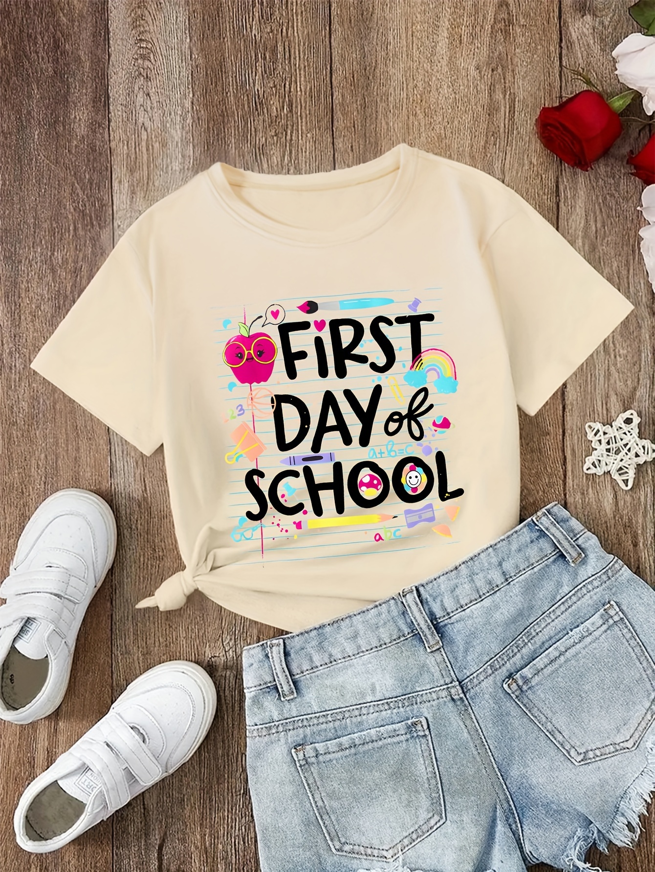 first day of school print girls creative t shirt soft elastic comfy crew neck short sleeve tee girls summer top details 0