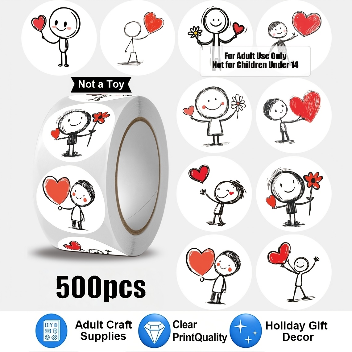 TEMU 500pcs/roll/502pcs/roll, Round Self-adhesive Envelope Sealing Stickers, Decorative Stickers, 10 Styles Of Different Pencil-drawn Heart Patterns,