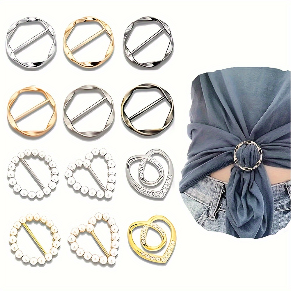 

12pcs Elegant Scarf Clip Set For Women – Metal Scarf Buckles With Pearls And Rhinestones, Fashion Scarf Ring Holders, Decorative Shirt Collar Clips, Stylish Clothing Accessory Fasteners