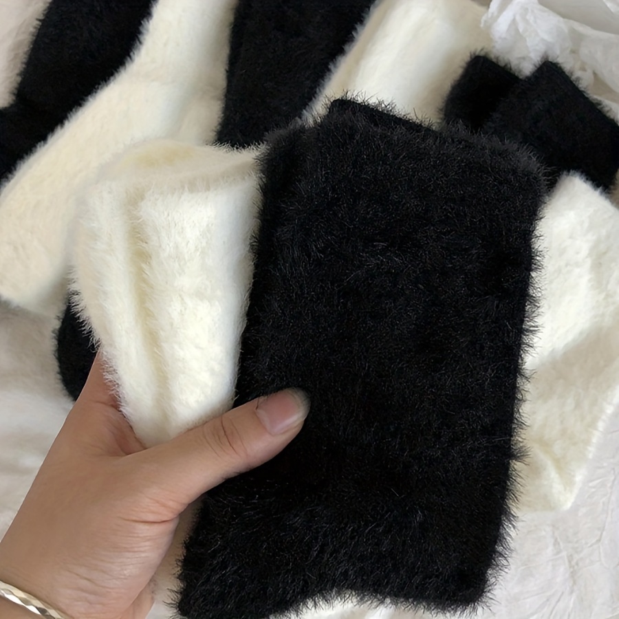 

3/6 Pairs Solid Fluffy Socks, Simple Thickened Warm Sleeping Floor Socks For Fall & Winter, Women's Stockings & Hosiery