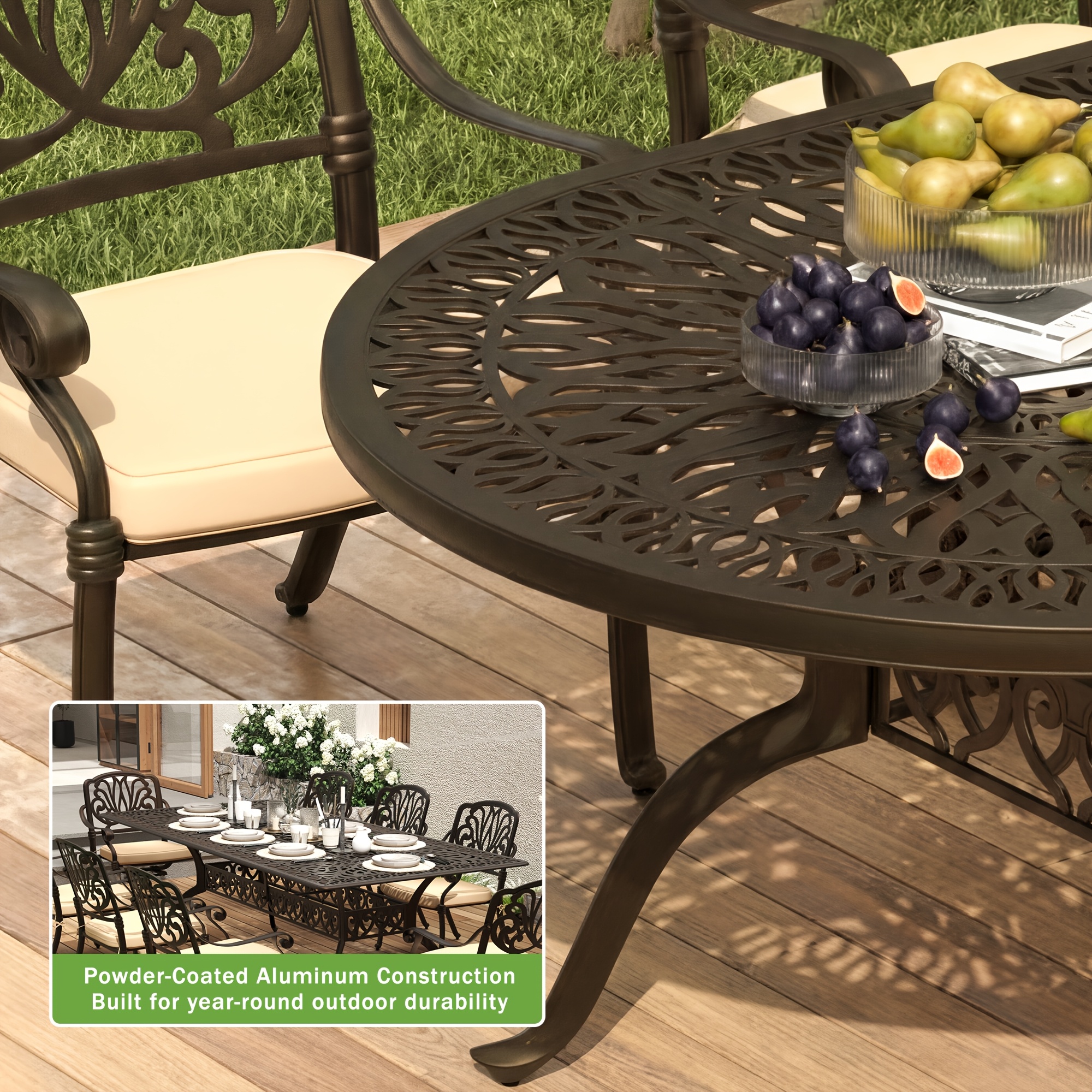 9pcs cast aluminum patio furniture outdoor dining sets for 8   87 oval patio dining table and 8 chairs with cushions umbrella hole bronze Product details 1