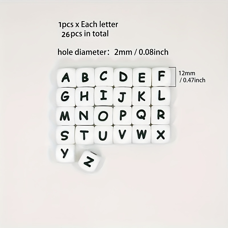E-shop 26 Stück weiße Silikon Alphabet Perlen, 12 mm quadratische Buchstabenperlen für Schlüsselanhänger- und Armbandherstellung, langlebige