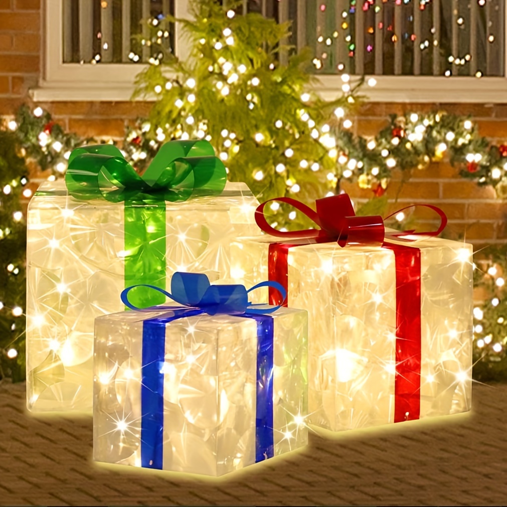 

70 Led Christmas Set Of 3 Lighted Gift Boxes Decorations, Warm White Lights With Flasher, Decorative Boxes, Christmas Tree Skirt Ornament For Holiday, Party, Christmas