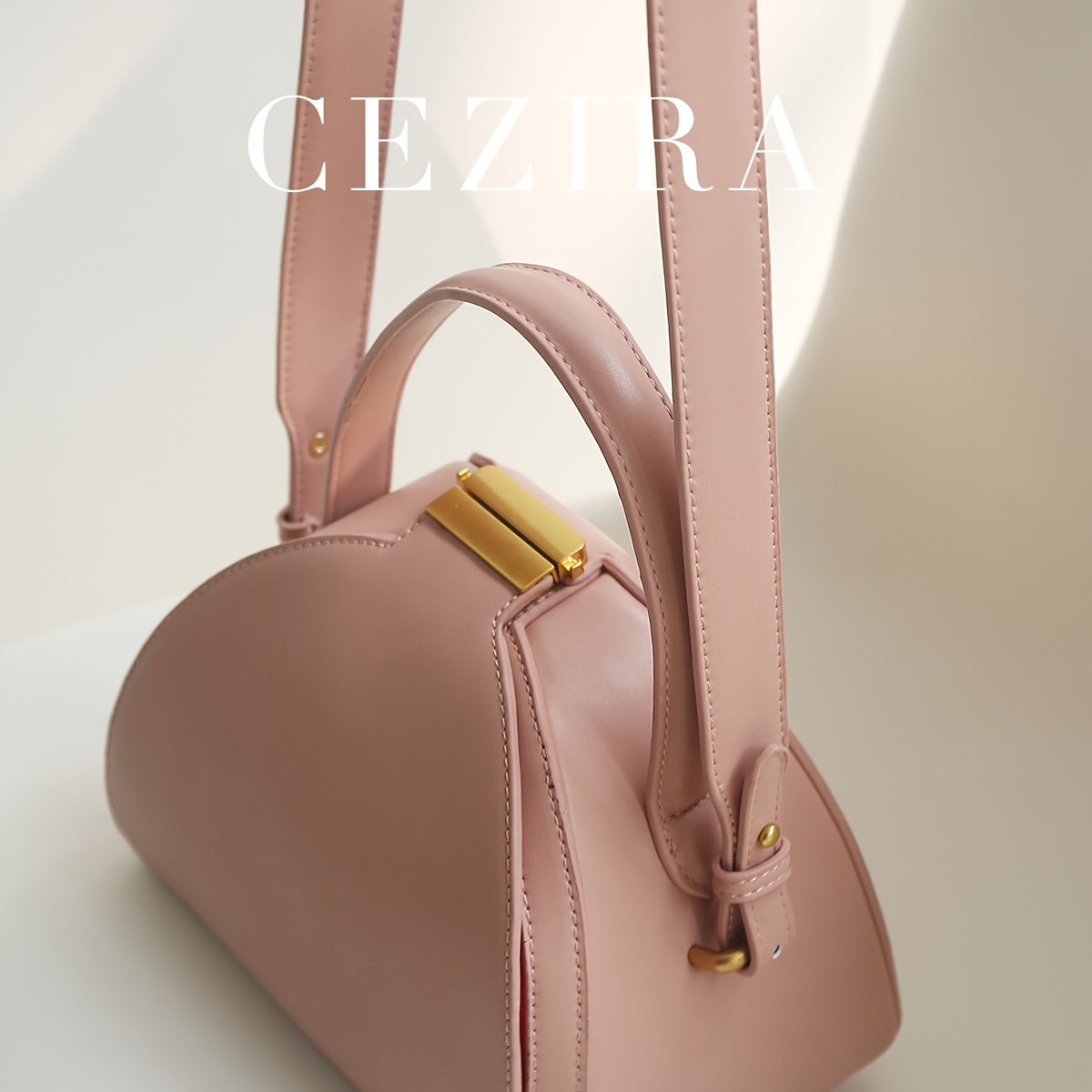 CEZIRA Women's Minimalist Elegant PU Vegan Crossbody Bag with Adjustable Long Strap & Top Handle, Squeeze Lock Closure, Box Shape Design - White & Pink, Versatile for Daily Commute, Work, Casual Outings, Crossbody Purse, Sleek Handbag, Travel Accessory, Modern Style, Highquality Finish, Compact Purse, Stylish Ladies