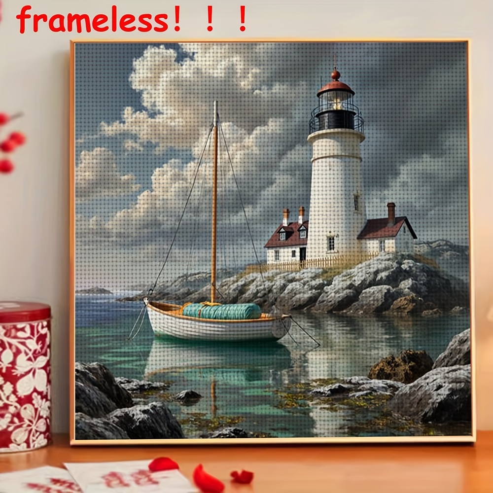 TEMU A Cross Stitch Kit Featuring A Lighthouse And Boat By , Designed For Adults And Beginners To Unwind. This Handmade Embroidery Set Includes