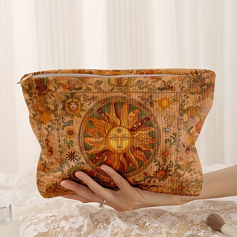 

Chic Sunflower Print Corduroy Makeup Bag - Lightweight, Multi-functional Cosmetic Pouch With Lining For Travel & Storage