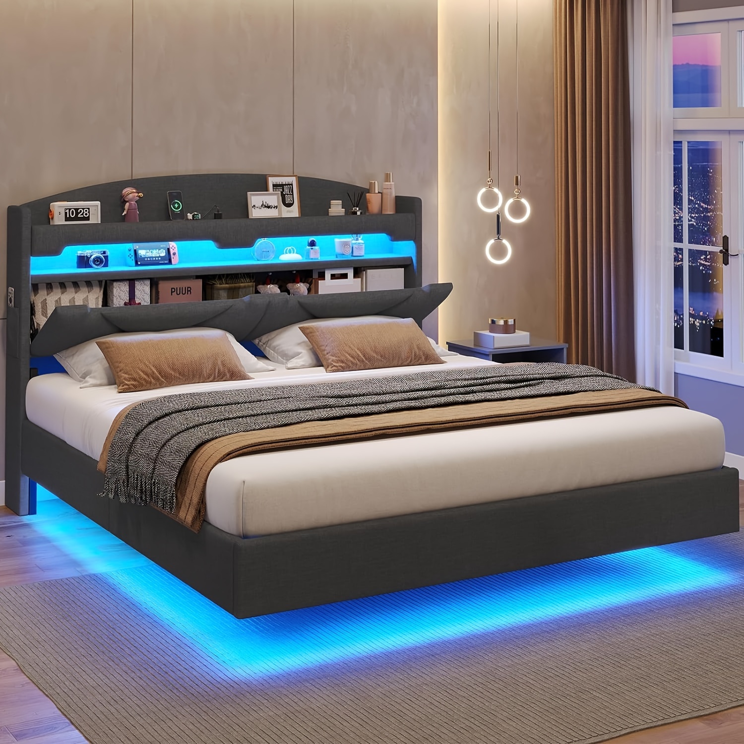 

Queen Floating Bed Frame With Led Lights & Power Strips, Linen Platform Bed With Hiden Storage Space & Shelves, No Noise, Dark Gray