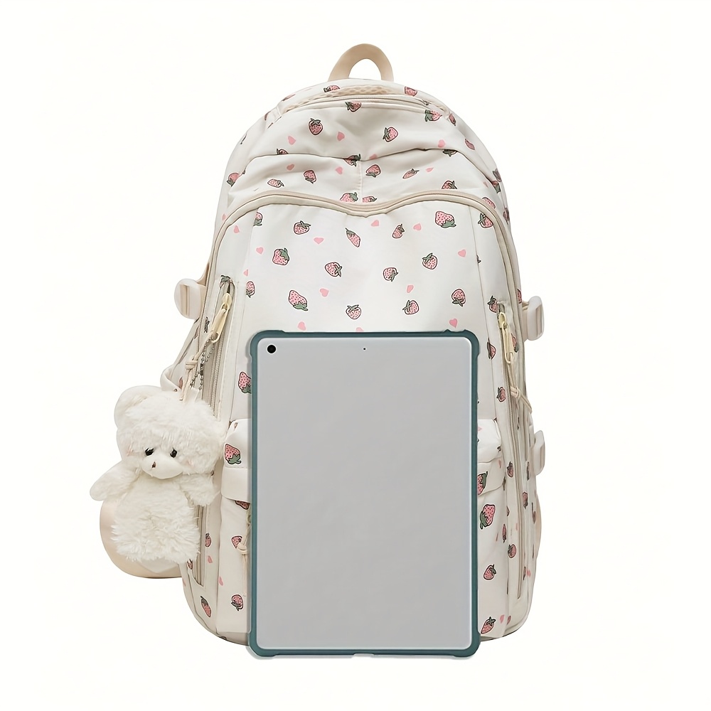 fashion printed rose ladies backpack multi compartment and pockets thick and sturdy student backpack with teddy bear pendant decoration large capacity details 1