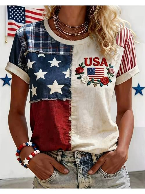 printed design not texture womens t shirt ladies floral print tee usa flag top casual streetwear womens clothing summer t shirt fashion apparel