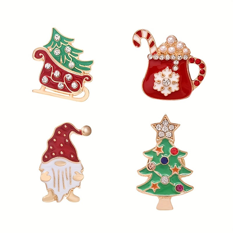 TEMU 4pcs Set Christmas Charm Brooches, Christmas Tree Alloy Enamel Inlaid Synthetic Brooch, Santa Claus Sleigh Carriage Shaped Cute Christmas Themed