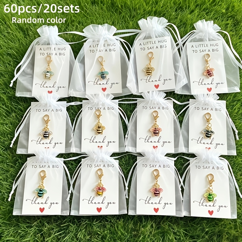 TEMU 60pcs Random Color Cute Bee Enamel Keychain Set, Includes 20 Keychains   20 Cards   20 Mesh Bags, Alloy Pendant Charms, Simple Bag Decor, Thank