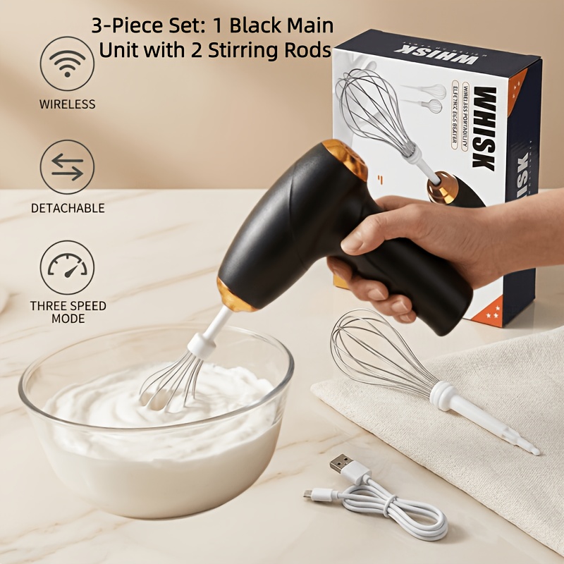 TEMU 3pcs Handheld Mixer Kit (1 Main Unit And 2 Mixing Heads), Usb Rechargeable Egg Beater, Whisk And Milk Frother, 3 Adjustable , Portable Wireless