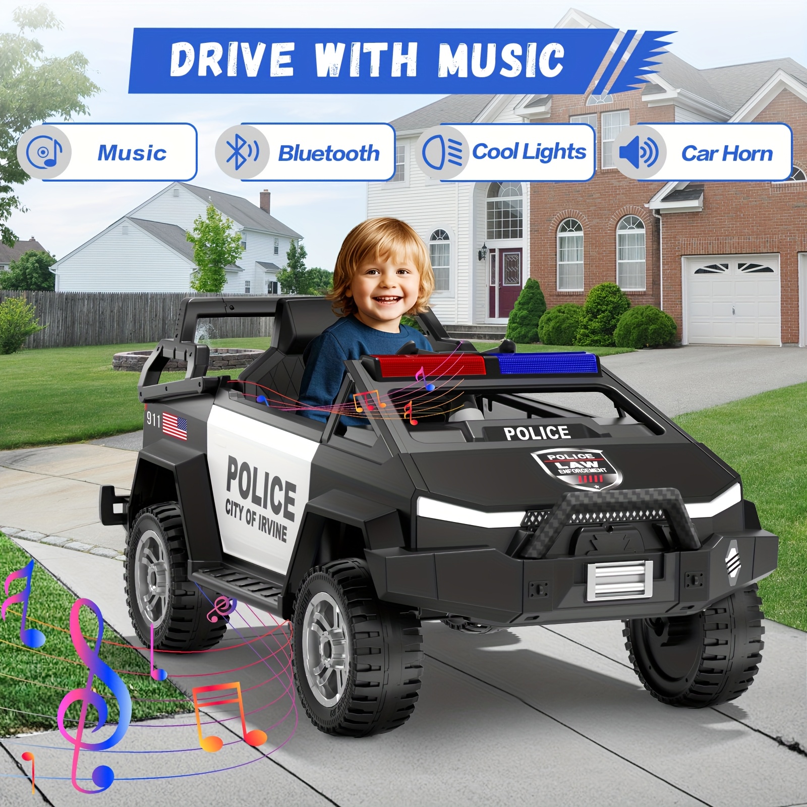 24V Youngsters' Remote-Controlled Police Car with Remote Control, Alarm, Flashing, Music, Spring Suspension, Suitable for 3-8-year-old Girls and Boys' Birthdays or Various Holiday Gifts