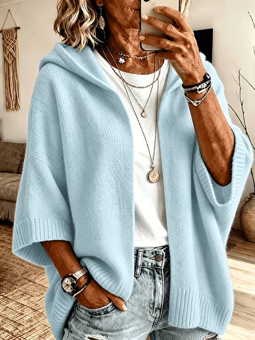 womens loose hooded cardigan buttonless open front three quarter sleeve sweater jacket casual relaxed outerwear