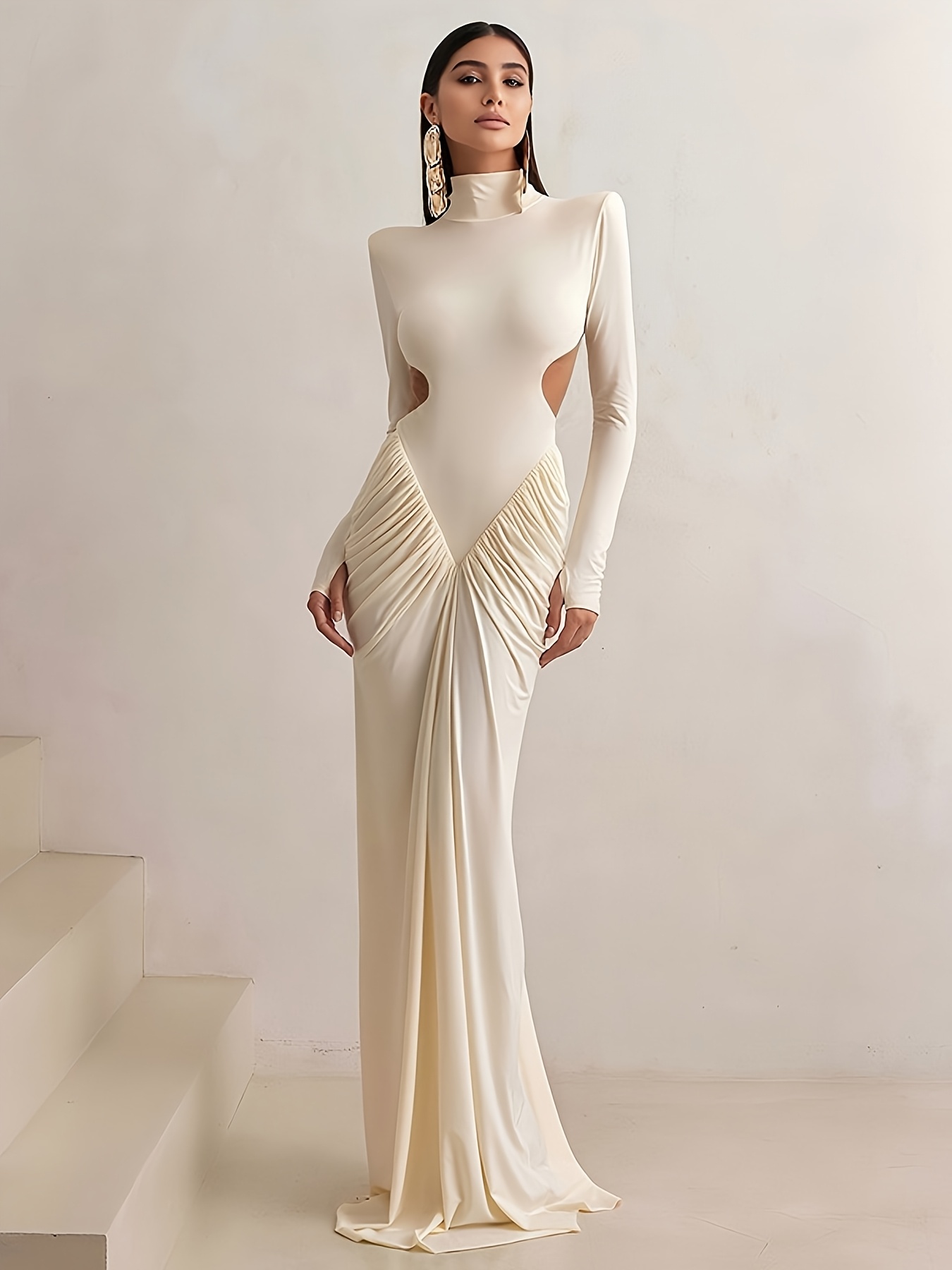 new autumn womens solid color long sleeve dress high neck - Temu Oman