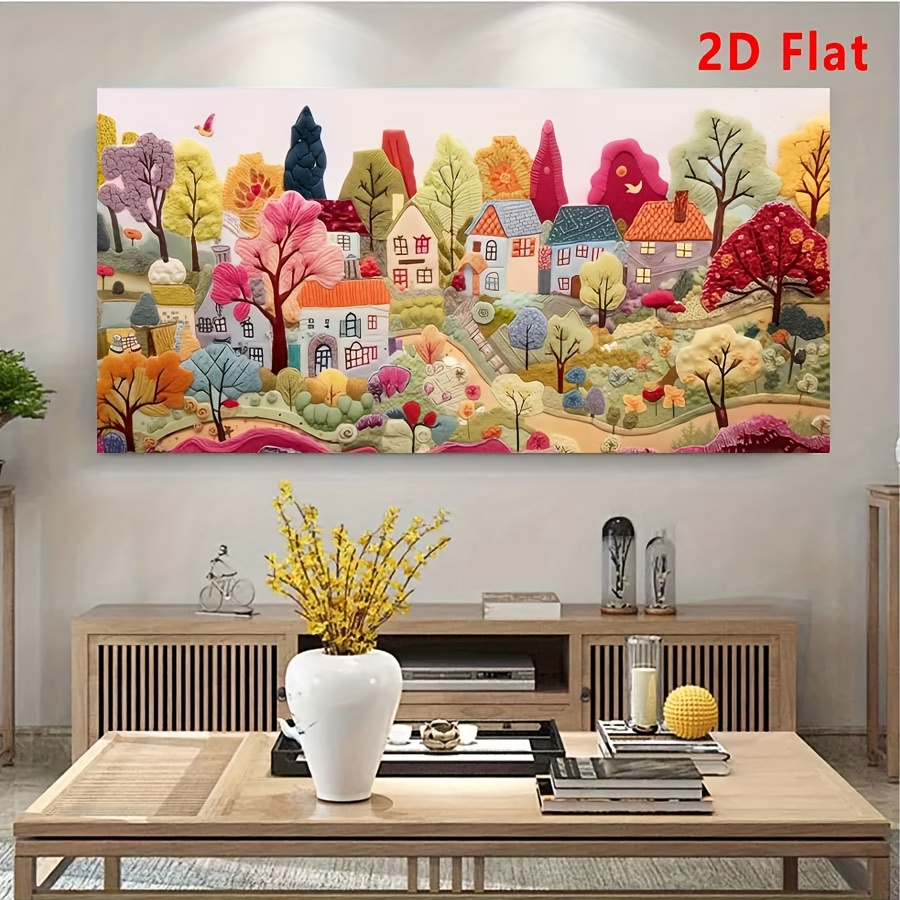 E-shop 2D Flach, 1 Stück Europäischer Stil Leicht Luxuriöse Moderne Minimalistische Märchendorf Wandkunst Dekoration Gemälde Creme-Stil Leinwandbild