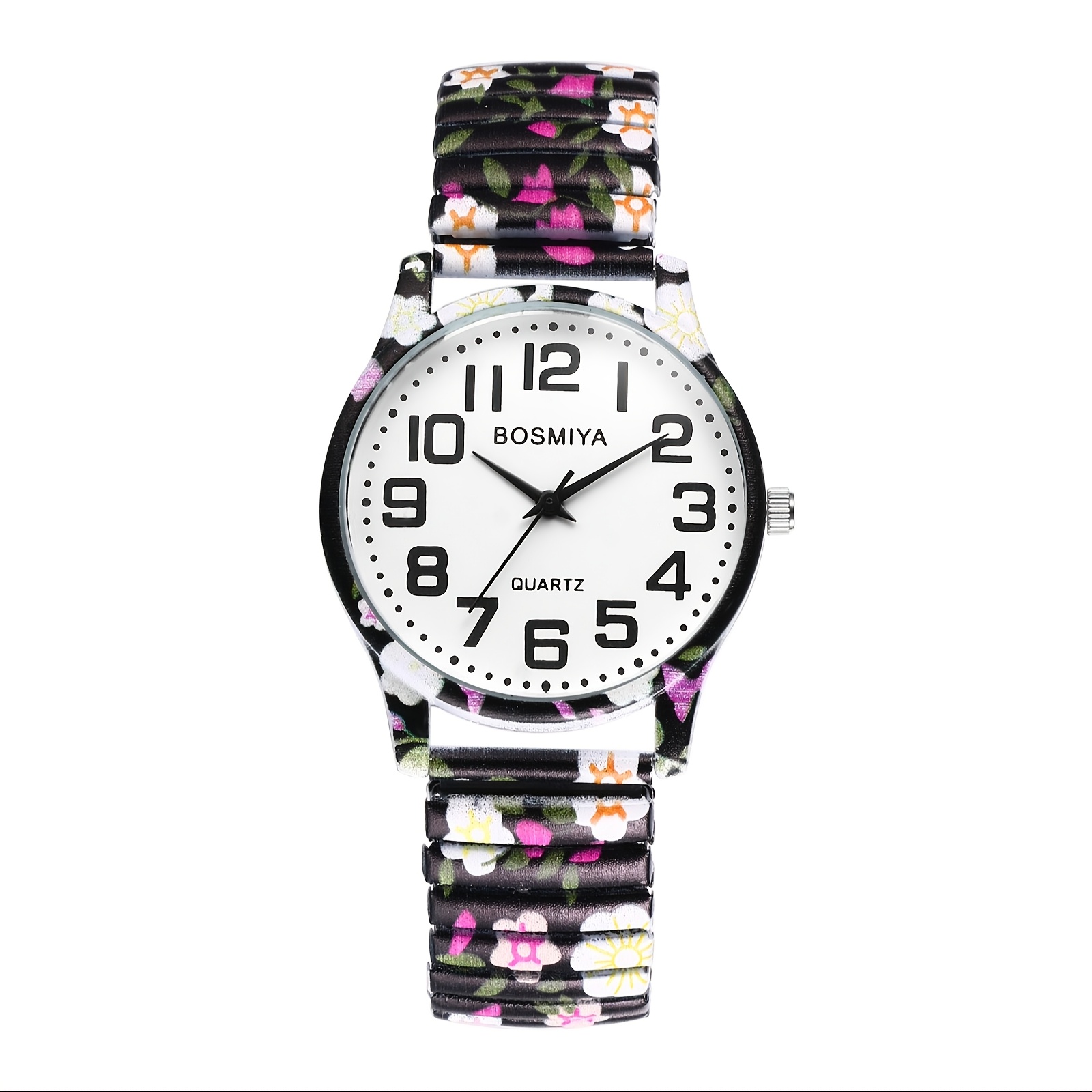 Image of Jewelrywe Bohemian Floral Print Digital Watch For - Stainless Steel Elastic Band, Quartz Movement, Round Alloy Case, Arabic , Casual & Formal Wear, Everyday , Vibrant Accessory, Durable