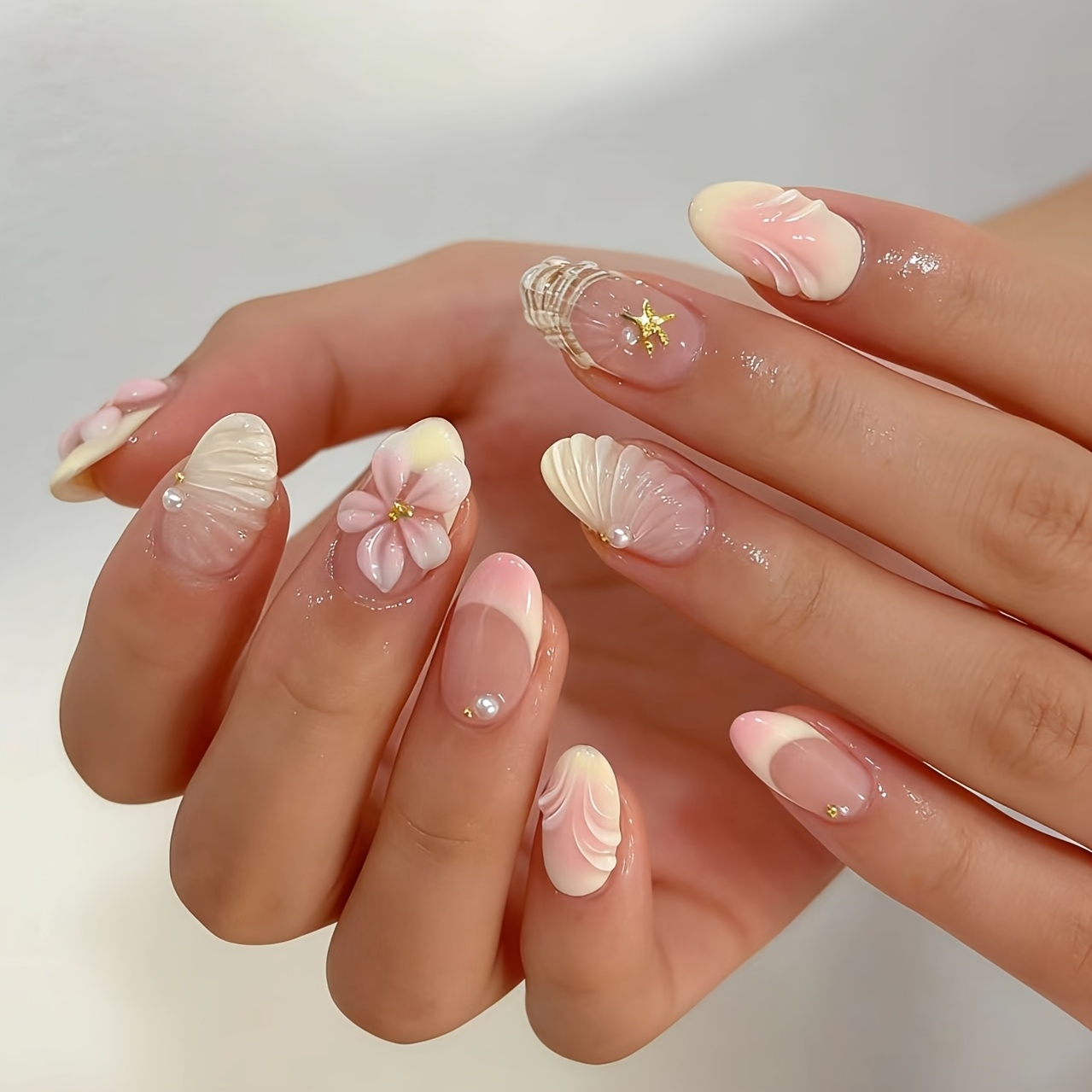 24pcs Short Oval Press-on Nails, Nude Translucent Base With Milky White Gradient French Tips, With 3d Shells, Flowers, Starfish Textures, And Pearl Beads, Spring Beach Style/gentle Girly Aesthetic