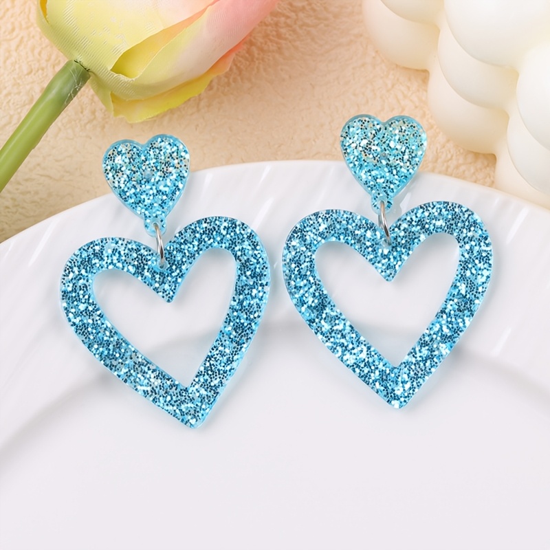 TEMU 2pcs Valentine's Day Glitter Cutout Heart Acrylic Earrings, Festival Celebration Daily Date Gift Jewelry For Women